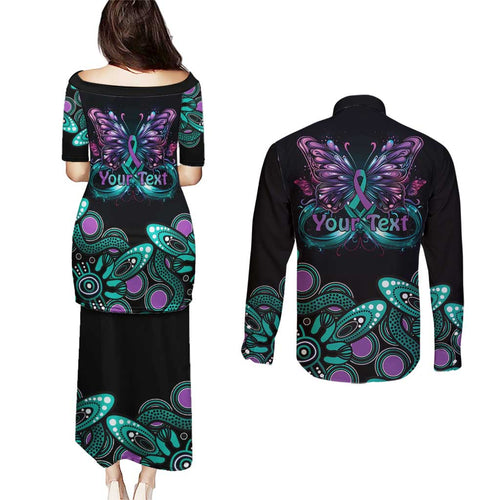 Personalised Hope Fight Suicide Prevention Awareness Couples Matching Puletasi and Long Sleeve Button Shirt Aboriginal Motif