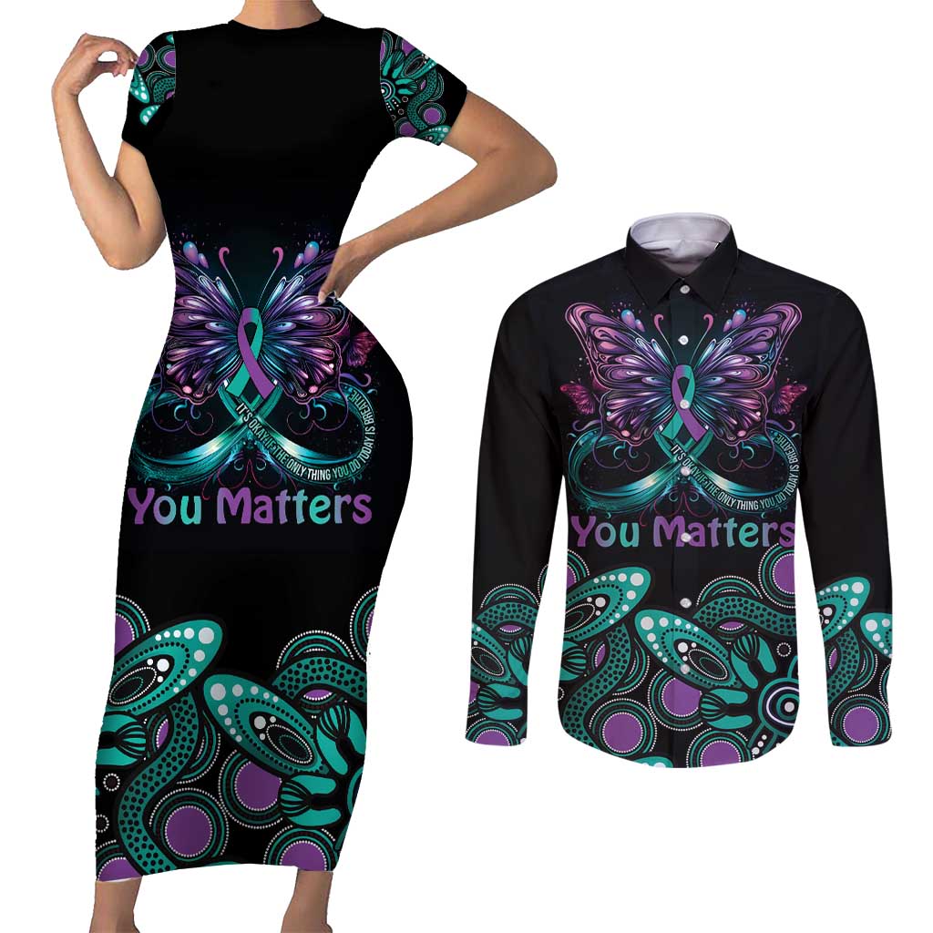 Personalised Hope Fight Suicide Prevention Awareness Couples Matching Short Sleeve Bodycon Dress and Long Sleeve Button Shirt Aboriginal Motif
