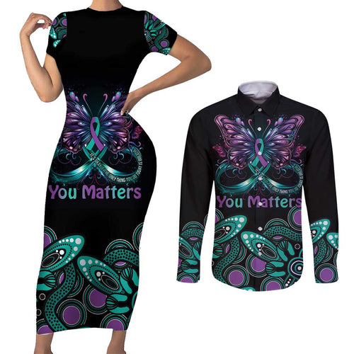 Personalised Hope Fight Suicide Prevention Awareness Couples Matching Short Sleeve Bodycon Dress and Long Sleeve Button Shirt Aboriginal Motif