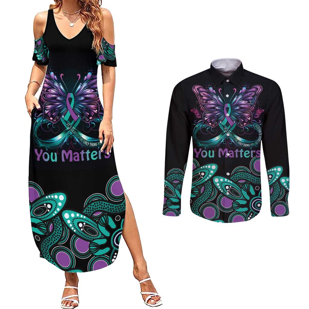 Personalised Hope Fight Suicide Prevention Awareness Couples Matching Summer Maxi Dress and Long Sleeve Button Shirt Aboriginal Motif