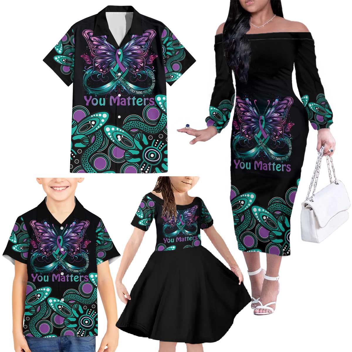 Personalised Hope Fight Suicide Prevention Awareness Family Matching Off The Shoulder Long Sleeve Dress and Hawaiian Shirt Aboriginal Motif