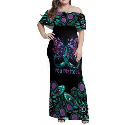 Personalised Hope Fight Suicide Prevention Awareness Family Matching Off Shoulder Maxi Dress and Hawaiian Shirt Aboriginal Motif