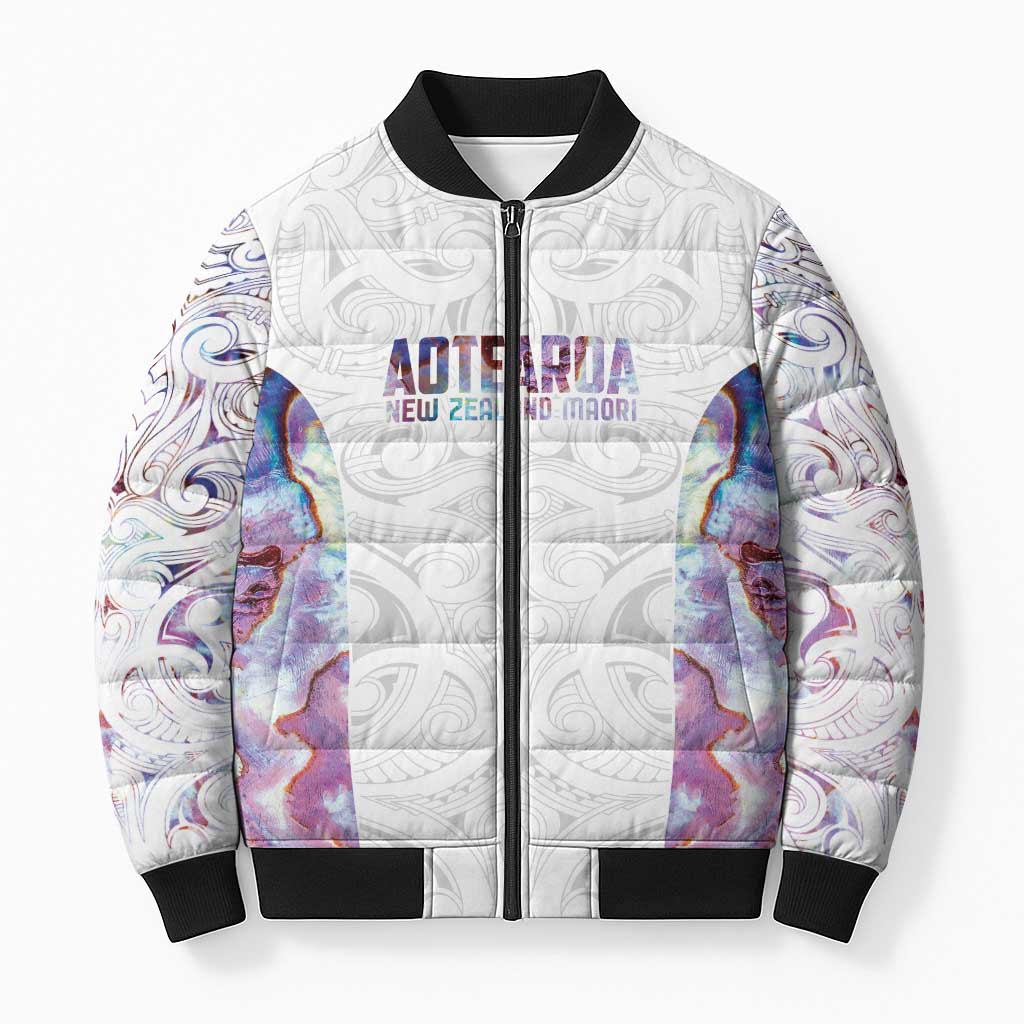 Custom New Zealand Aotearoa Bomber Puffer Jacket Pink Maori Paua Shell Indigenous - Aussie Hoodie
