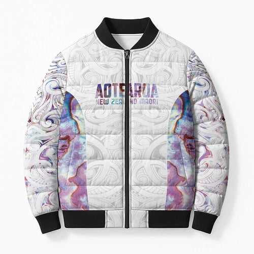 Custom New Zealand Aotearoa Bomber Puffer Jacket Pink Maori Paua Shell Indigenous - Aussie Hoodie