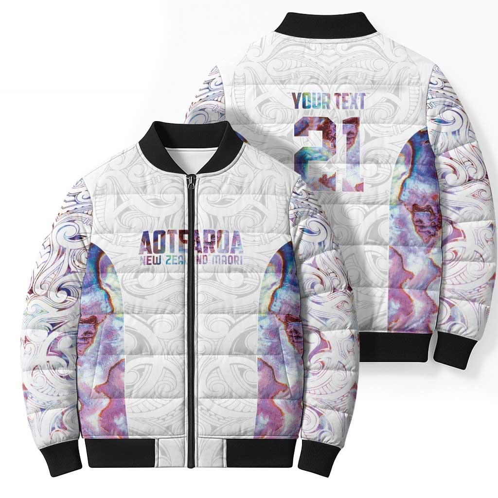 Custom New Zealand Aotearoa Bomber Puffer Jacket Pink Maori Paua Shell Indigenous - Aussie Hoodie