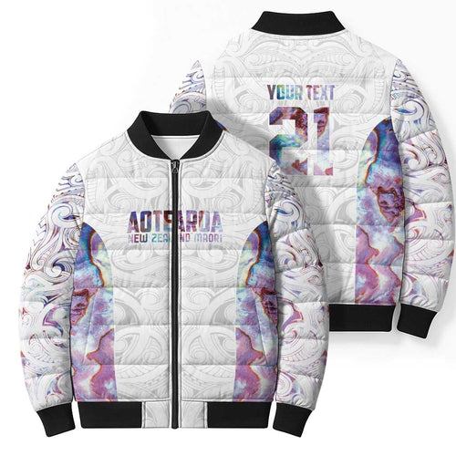 Custom New Zealand Aotearoa Bomber Puffer Jacket Pink Maori Paua Shell Indigenous - Aussie Hoodie
