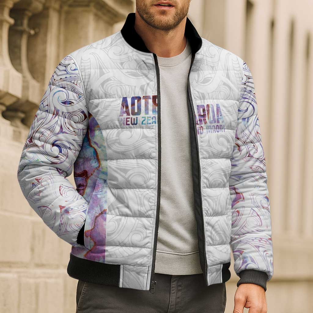 Custom New Zealand Aotearoa Bomber Puffer Jacket Pink Maori Paua Shell Indigenous - Aussie Hoodie