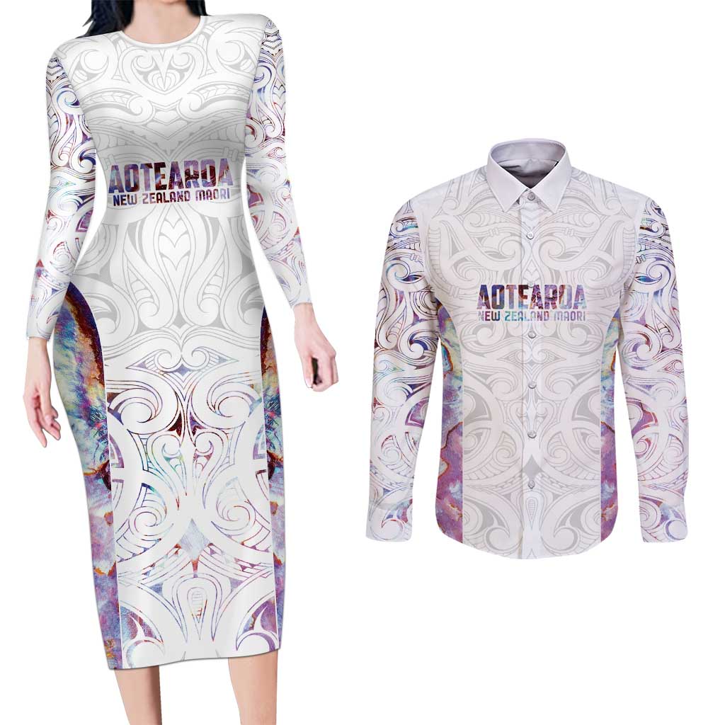 Custom New Zealand Aotearoa Couples Matching Long Sleeve Bodycon Dress and Long Sleeve Button Shirt Pink Maori Paua Shell Indigenous - Aussie Hoodie