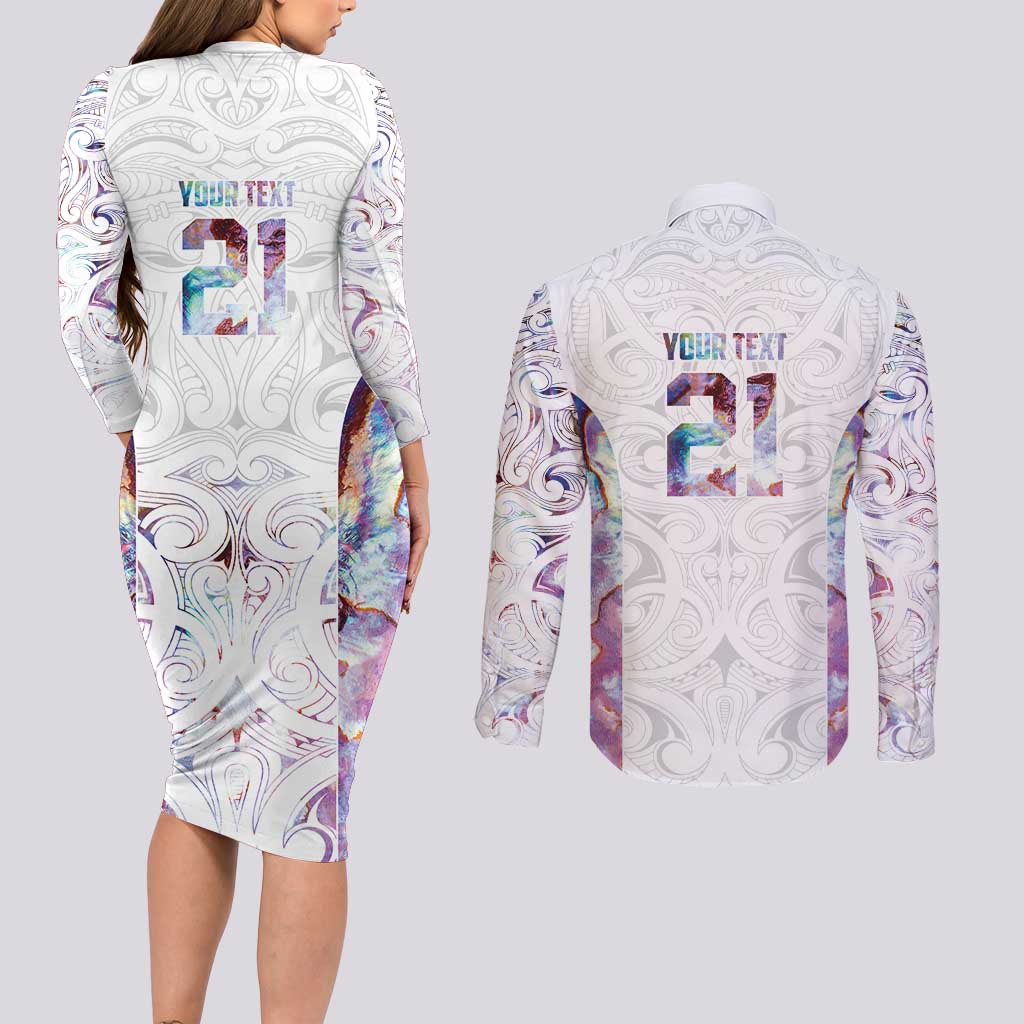 Custom New Zealand Aotearoa Couples Matching Long Sleeve Bodycon Dress and Long Sleeve Button Shirt Pink Maori Paua Shell Indigenous - Aussie Hoodie