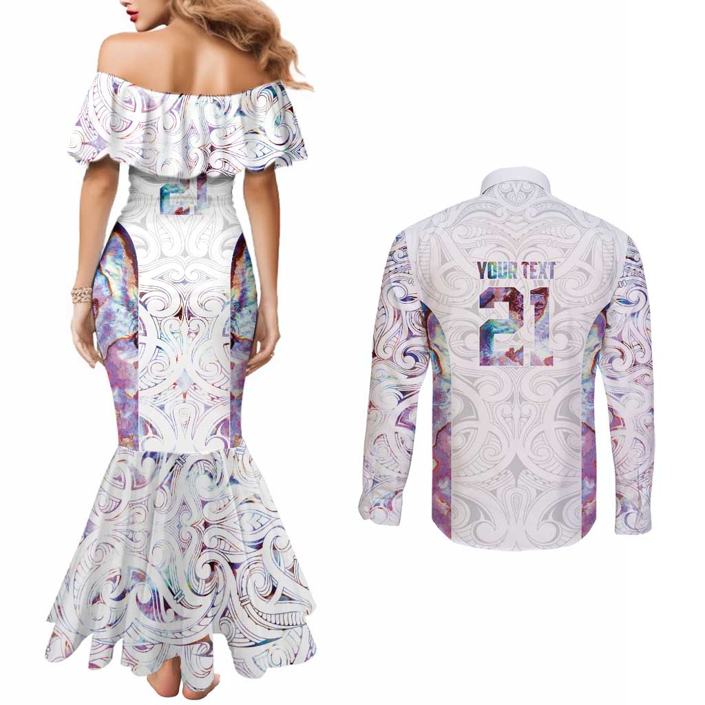 Custom New Zealand Aotearoa Couples Matching Mermaid Dress and Long Sleeve Button Shirt Pink Maori Paua Shell Indigenous - Aussie Hoodie