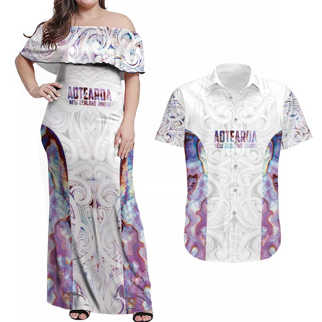 Custom New Zealand Aotearoa Couples Matching Off Shoulder Maxi Dress and Hawaiian Shirt Pink Maori Paua Shell Indigenous - Aussie Hoodie