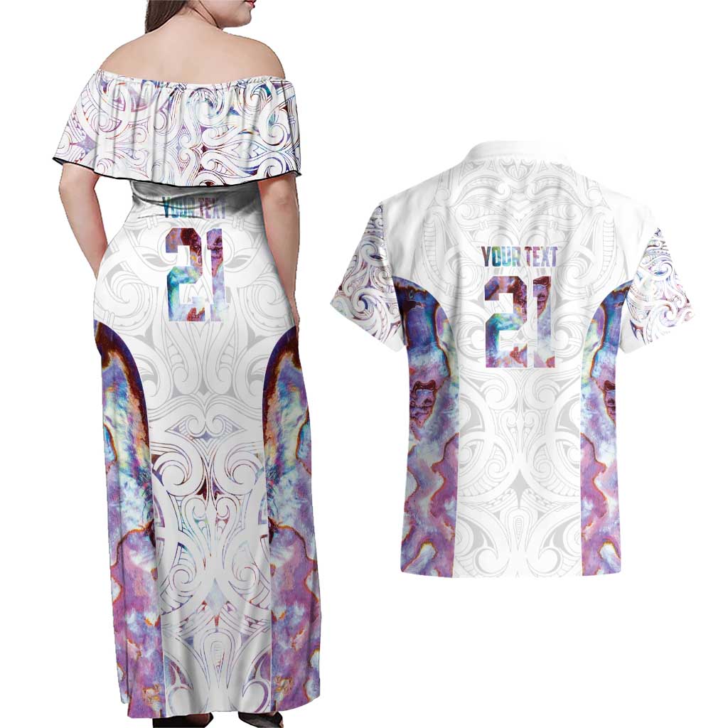Custom New Zealand Aotearoa Couples Matching Off Shoulder Maxi Dress and Hawaiian Shirt Pink Maori Paua Shell Indigenous - Aussie Hoodie
