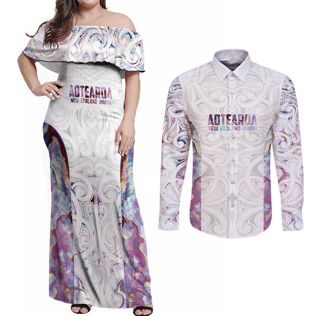 Custom New Zealand Aotearoa Couples Matching Off Shoulder Maxi Dress and Long Sleeve Button Shirt Pink Maori Paua Shell Indigenous - Aussie Hoodie
