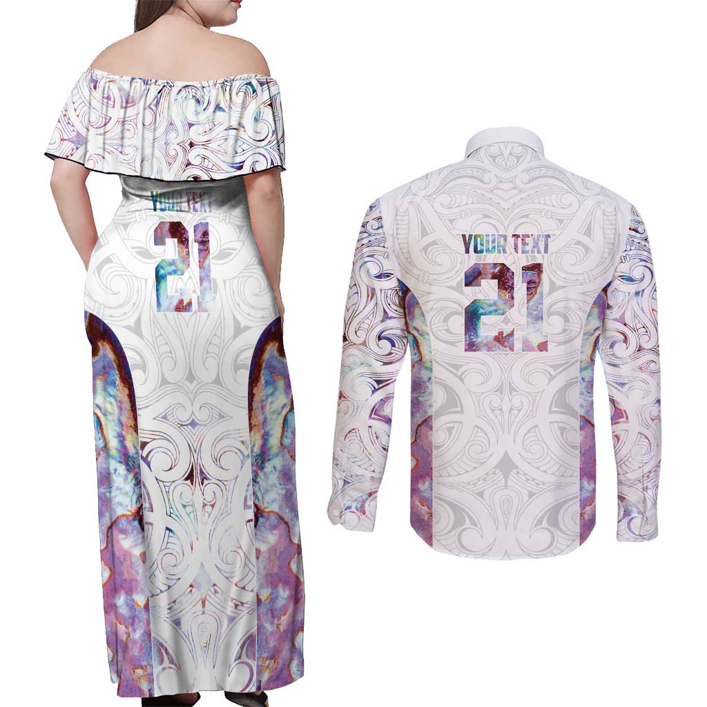 Custom New Zealand Aotearoa Couples Matching Off Shoulder Maxi Dress and Long Sleeve Button Shirt Pink Maori Paua Shell Indigenous - Aussie Hoodie