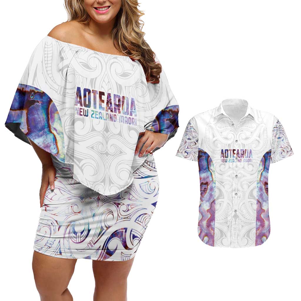 Custom New Zealand Aotearoa Couples Matching Off Shoulder Short Dress and Hawaiian Shirt Pink Maori Paua Shell Indigenous - Aussie Hoodie