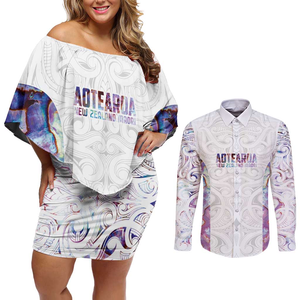 Custom New Zealand Aotearoa Couples Matching Off Shoulder Short Dress and Long Sleeve Button Shirt Pink Maori Paua Shell Indigenous - Aussie Hoodie