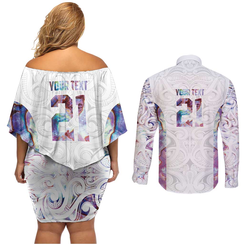 Custom New Zealand Aotearoa Couples Matching Off Shoulder Short Dress and Long Sleeve Button Shirt Pink Maori Paua Shell Indigenous - Aussie Hoodie