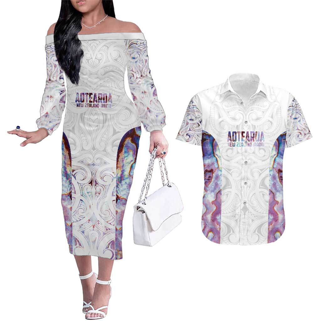 Custom New Zealand Aotearoa Couples Matching Off The Shoulder Long Sleeve Dress and Hawaiian Shirt Pink Maori Paua Shell Indigenous - Aussie Hoodie