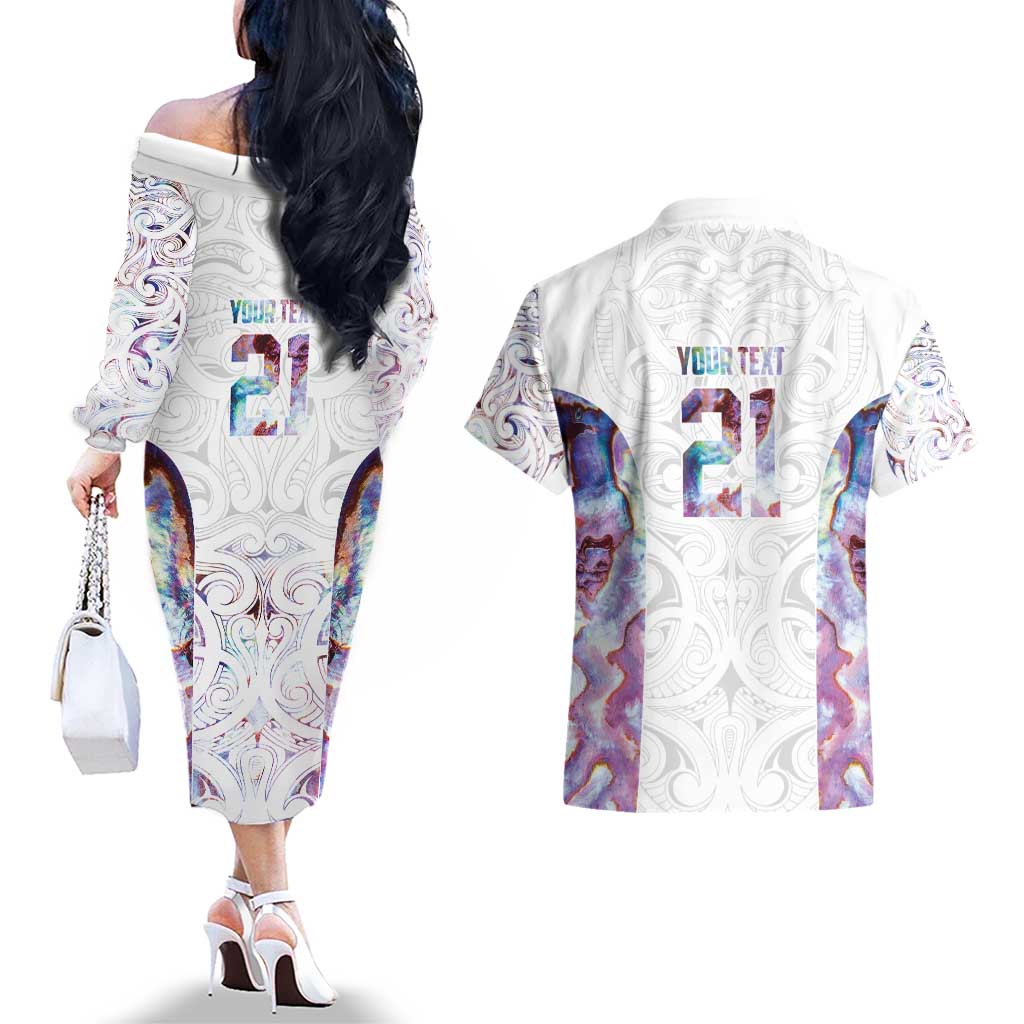 Custom New Zealand Aotearoa Couples Matching Off The Shoulder Long Sleeve Dress and Hawaiian Shirt Pink Maori Paua Shell Indigenous - Aussie Hoodie
