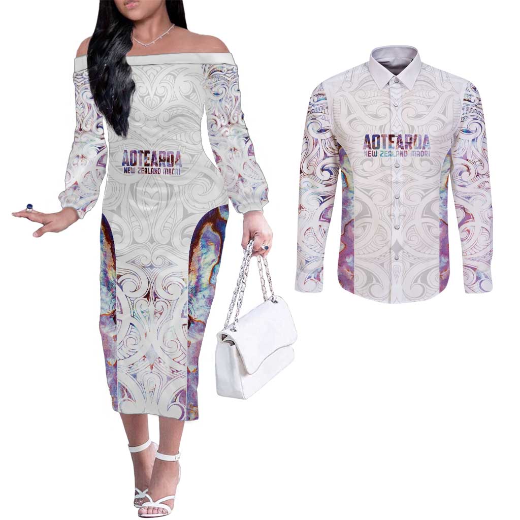Custom New Zealand Aotearoa Couples Matching Off The Shoulder Long Sleeve Dress and Long Sleeve Button Shirt Pink Maori Paua Shell Indigenous - Aussie Hoodie