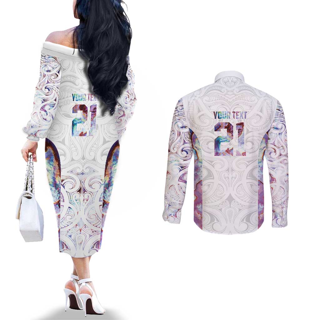 Custom New Zealand Aotearoa Couples Matching Off The Shoulder Long Sleeve Dress and Long Sleeve Button Shirt Pink Maori Paua Shell Indigenous - Aussie Hoodie