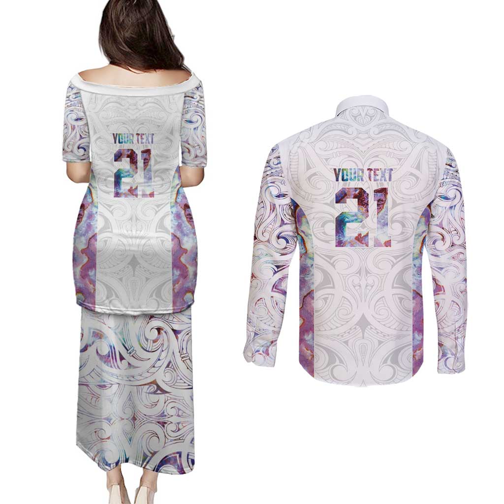 Custom New Zealand Aotearoa Couples Matching Puletasi and Long Sleeve Button Shirt Pink Maori Paua Shell Indigenous - Aussie Hoodie