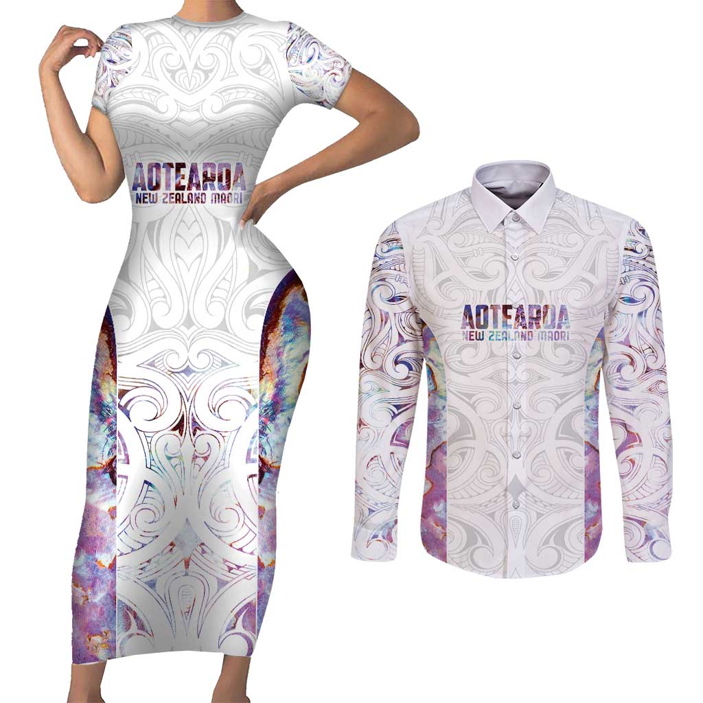 Custom New Zealand Aotearoa Couples Matching Short Sleeve Bodycon Dress and Long Sleeve Button Shirt Pink Maori Paua Shell Indigenous - Aussie Hoodie