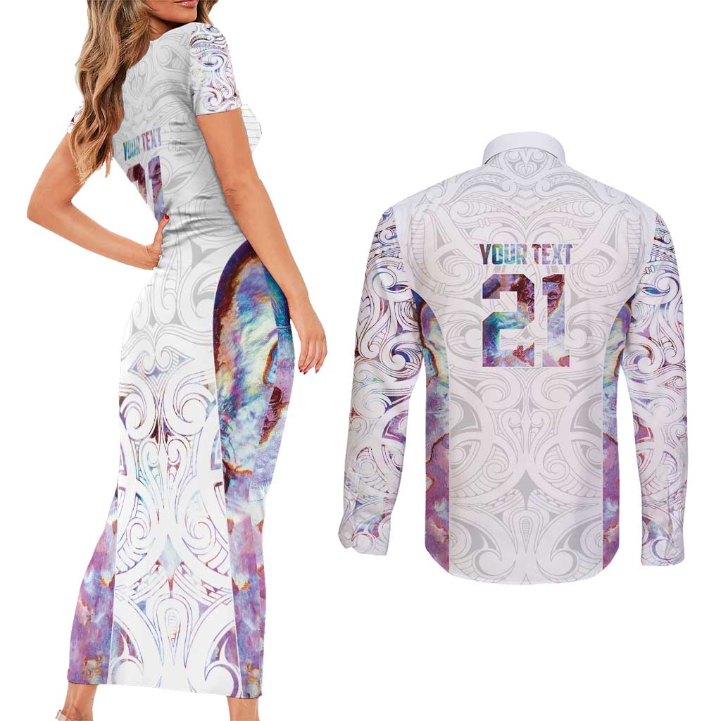 Custom New Zealand Aotearoa Couples Matching Short Sleeve Bodycon Dress and Long Sleeve Button Shirt Pink Maori Paua Shell Indigenous - Aussie Hoodie