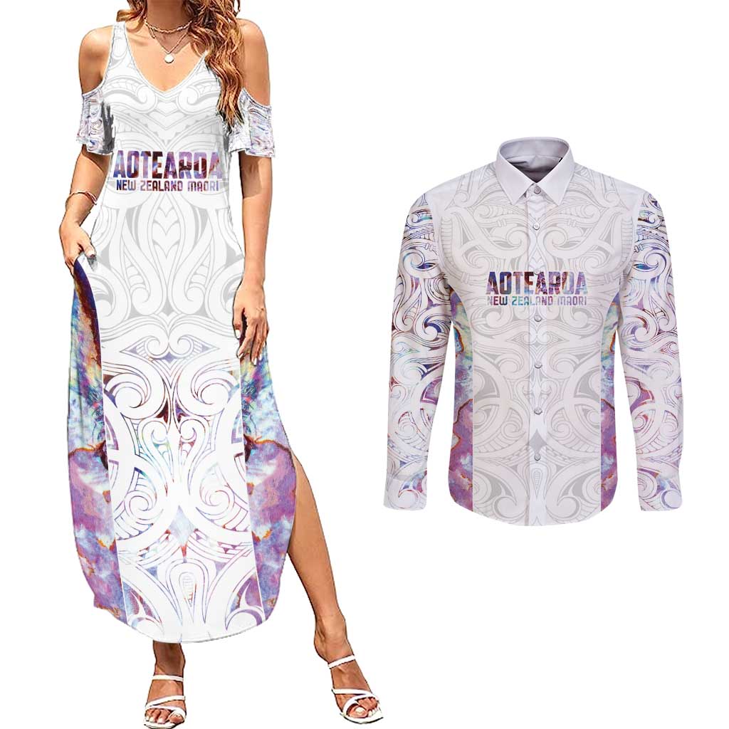 Custom New Zealand Aotearoa Couples Matching Summer Maxi Dress and Long Sleeve Button Shirt Pink Maori Paua Shell Indigenous - Aussie Hoodie
