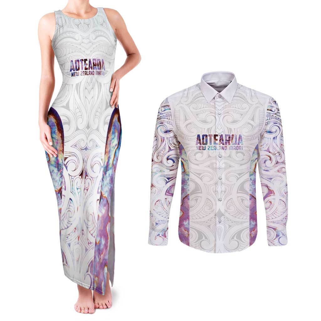 Custom New Zealand Aotearoa Couples Matching Tank Maxi Dress and Long Sleeve Button Shirt Pink Maori Paua Shell Indigenous - Aussie Hoodie