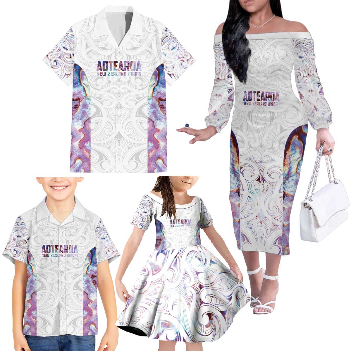 Custom New Zealand Aotearoa Family Matching Off The Shoulder Long Sleeve Dress and Hawaiian Shirt Pink Maori Paua Shell Indigenous - Aussie Hoodie