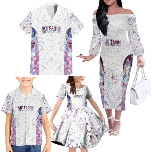 Custom New Zealand Aotearoa Family Matching Off The Shoulder Long Sleeve Dress and Hawaiian Shirt Pink Maori Paua Shell Indigenous - Aussie Hoodie