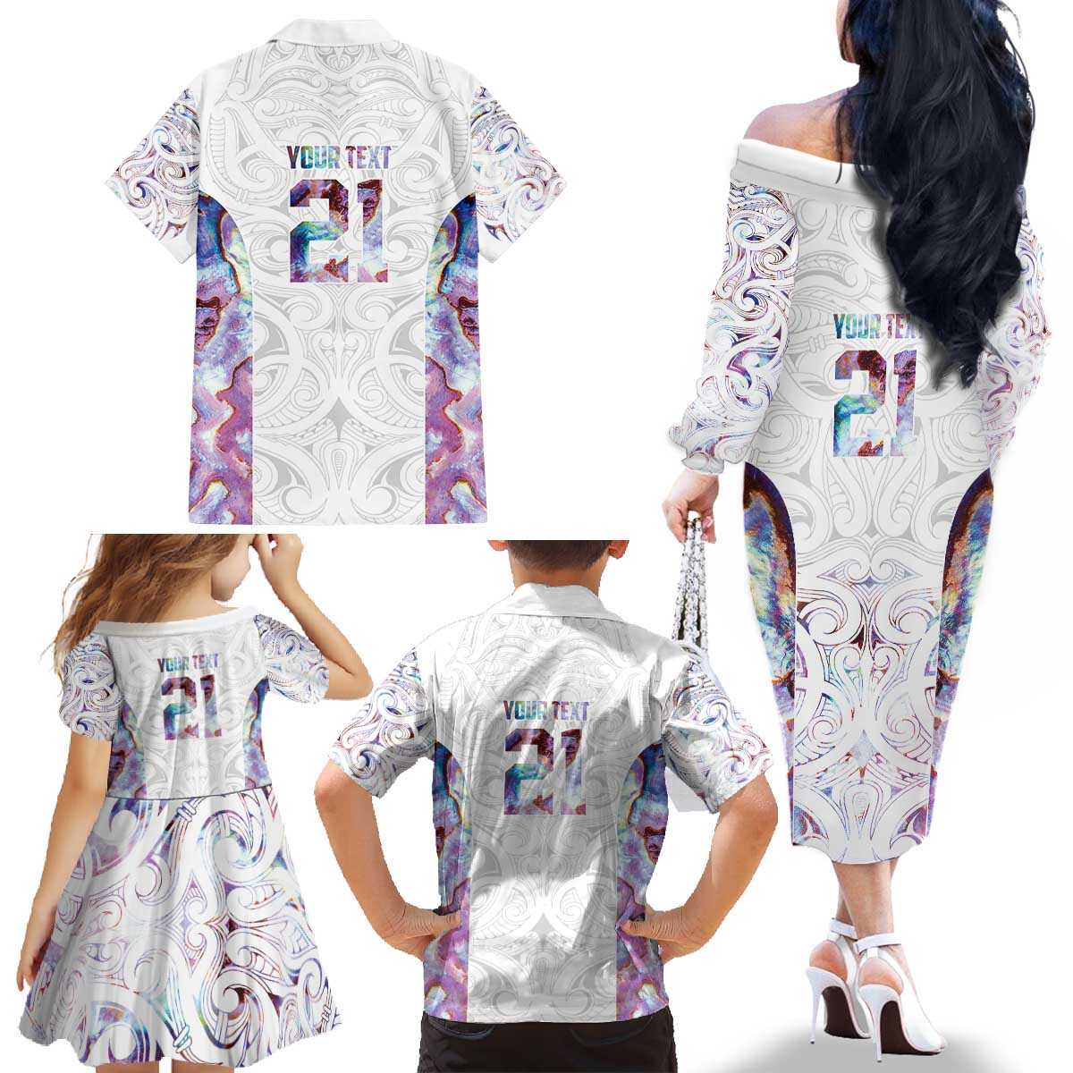 Custom New Zealand Aotearoa Family Matching Off The Shoulder Long Sleeve Dress and Hawaiian Shirt Pink Maori Paua Shell Indigenous - Aussie Hoodie