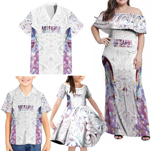 Custom New Zealand Aotearoa Family Matching Off Shoulder Maxi Dress and Hawaiian Shirt Pink Maori Paua Shell Indigenous - Aussie Hoodie