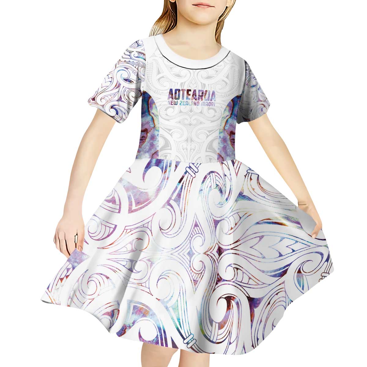 Custom New Zealand Aotearoa Kid Short Sleeve Dress Pink Maori Paua Shell Indigenous - Aussie Hoodie