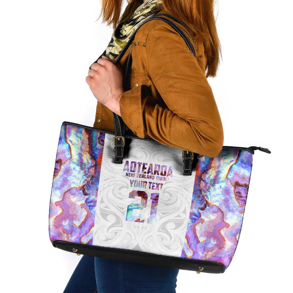 Custom New Zealand Aotearoa Leather Tote Bag Pink Maori Paua Shell Indigenous - Aussie Hoodie