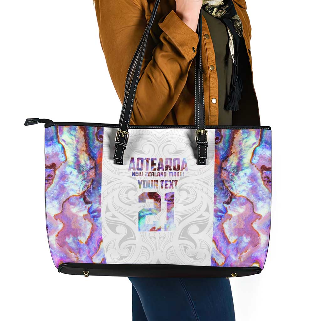 Custom New Zealand Aotearoa Leather Tote Bag Pink Maori Paua Shell Indigenous - Aussie Hoodie