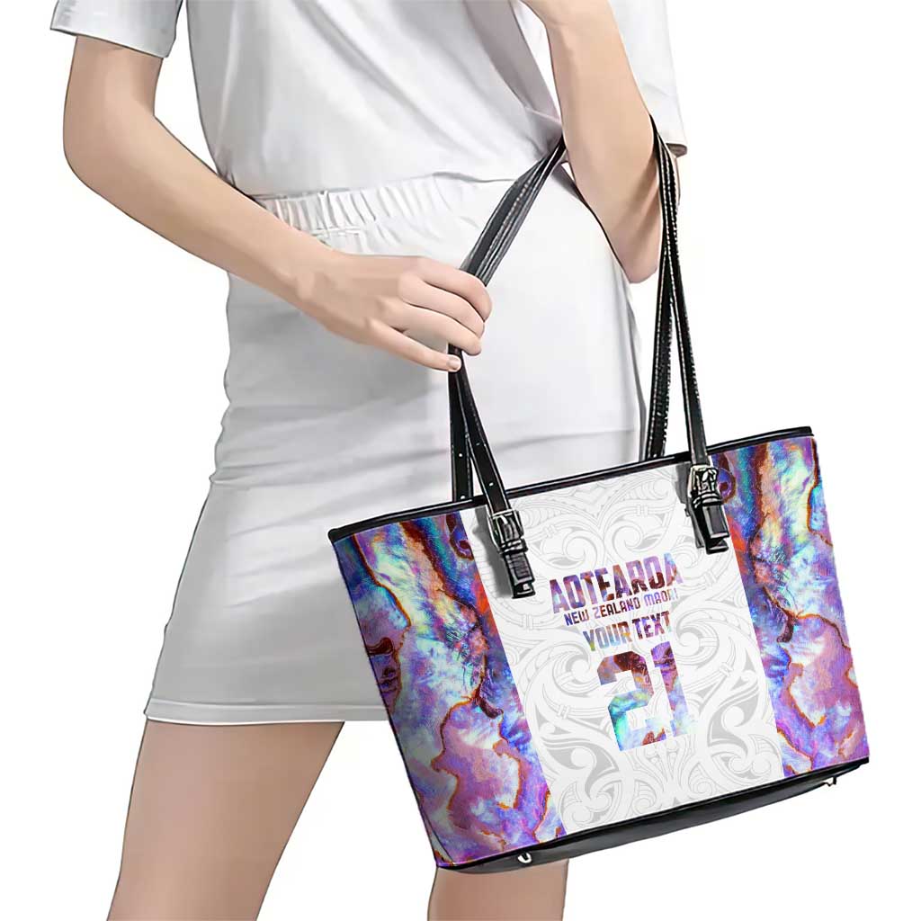 Custom New Zealand Aotearoa Leather Tote Bag Pink Maori Paua Shell Indigenous - Aussie Hoodie