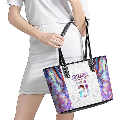 Custom New Zealand Aotearoa Leather Tote Bag Pink Maori Paua Shell Indigenous - Aussie Hoodie