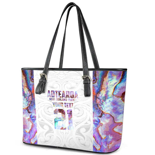 Custom New Zealand Aotearoa Leather Tote Bag Pink Maori Paua Shell Indigenous - Aussie Hoodie