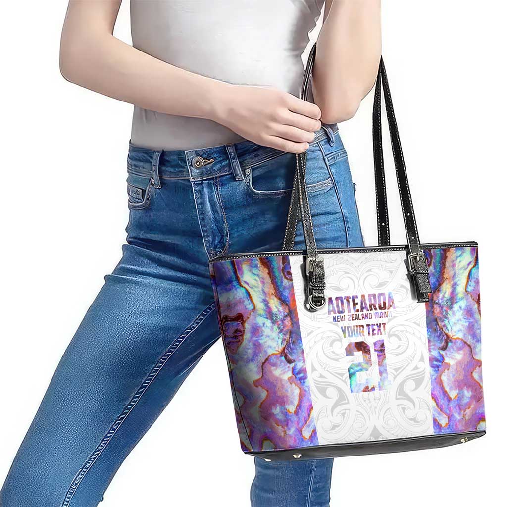 Custom New Zealand Aotearoa Leather Tote Bag Pink Maori Paua Shell Indigenous - Aussie Hoodie