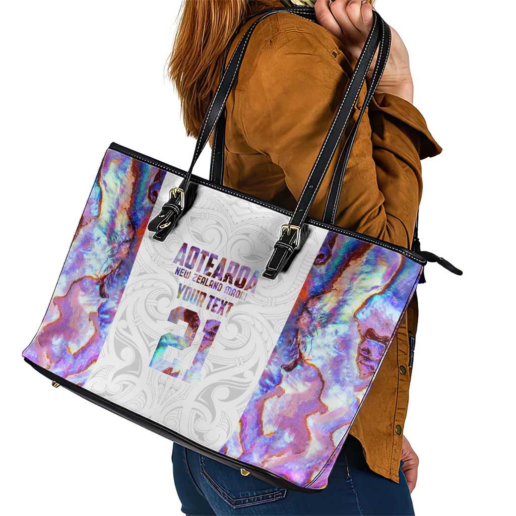 Custom New Zealand Aotearoa Leather Tote Bag Pink Maori Paua Shell Indigenous - Aussie Hoodie