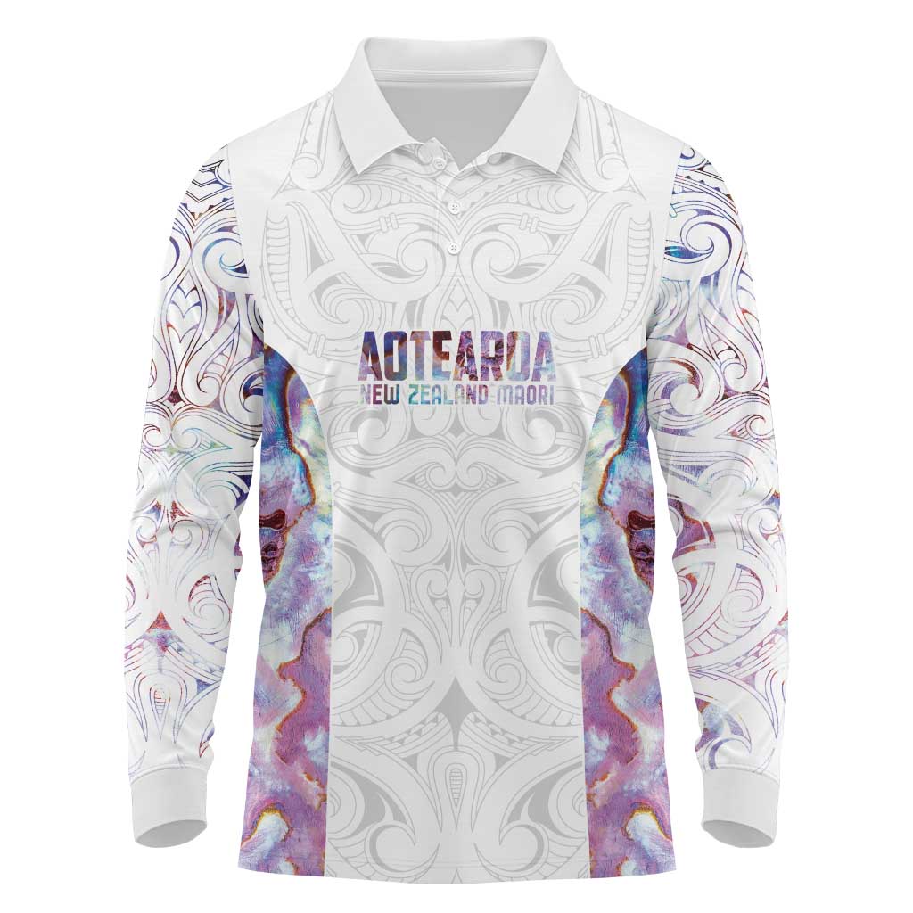 Custom New Zealand Aotearoa Long Sleeve Polo Shirt Pink Maori Paua Shell Indigenous - Aussie Hoodie