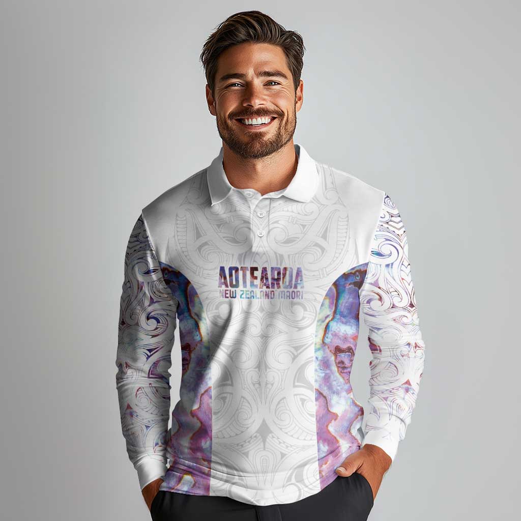 Custom New Zealand Aotearoa Long Sleeve Polo Shirt Pink Maori Paua Shell Indigenous - Aussie Hoodie