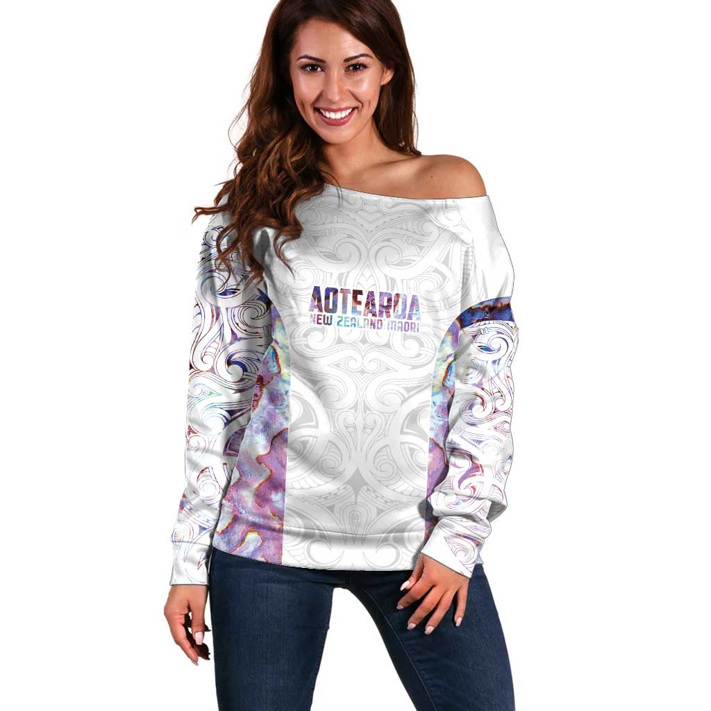 Custom New Zealand Aotearoa Off Shoulder Sweater Pink Maori Paua Shell Indigenous - Aussie Hoodie
