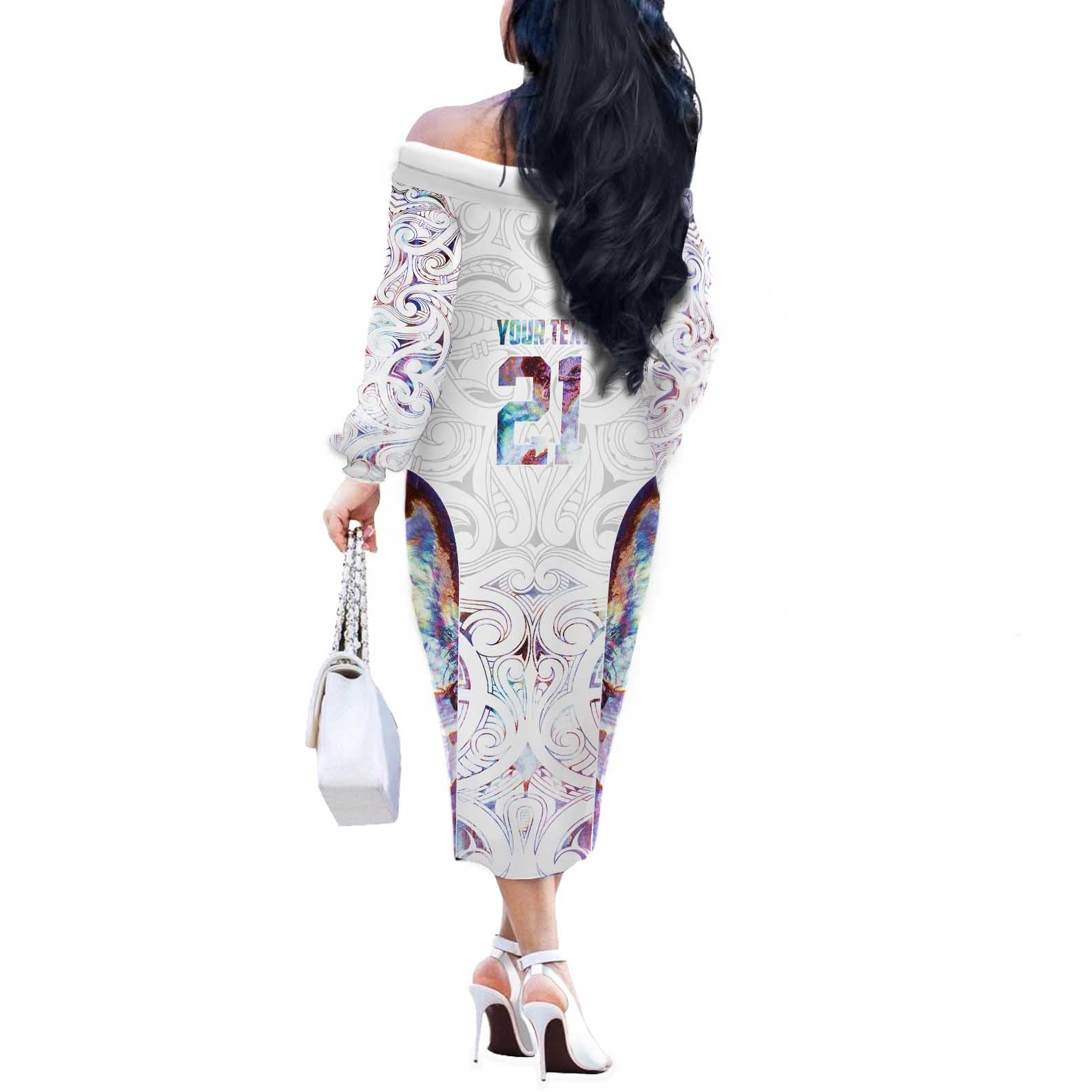 Custom New Zealand Aotearoa Off The Shoulder Long Sleeve Dress Pink Maori Paua Shell Indigenous - Aussie Hoodie