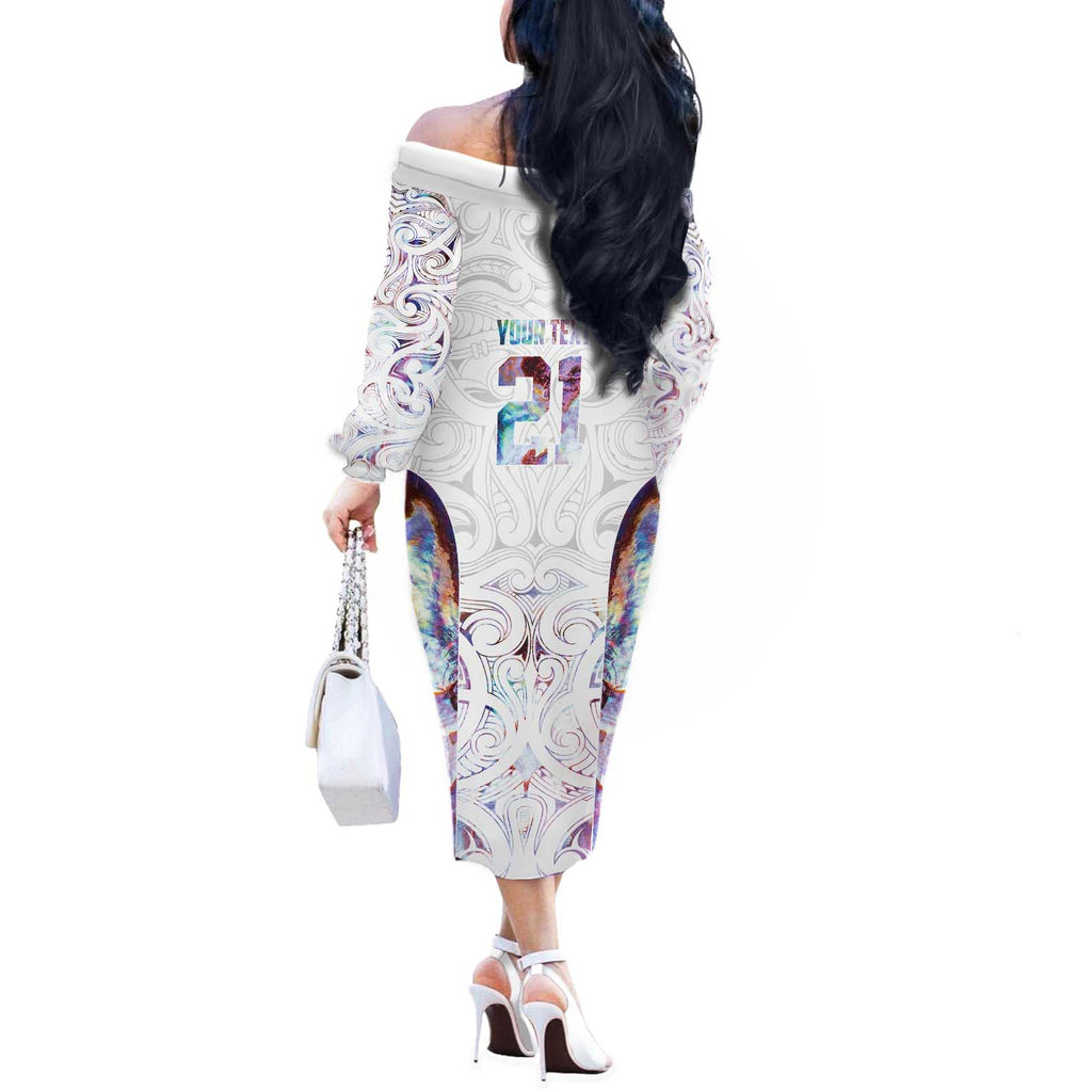 Custom New Zealand Aotearoa Off The Shoulder Long Sleeve Dress Pink Maori Paua Shell Indigenous - Aussie Hoodie