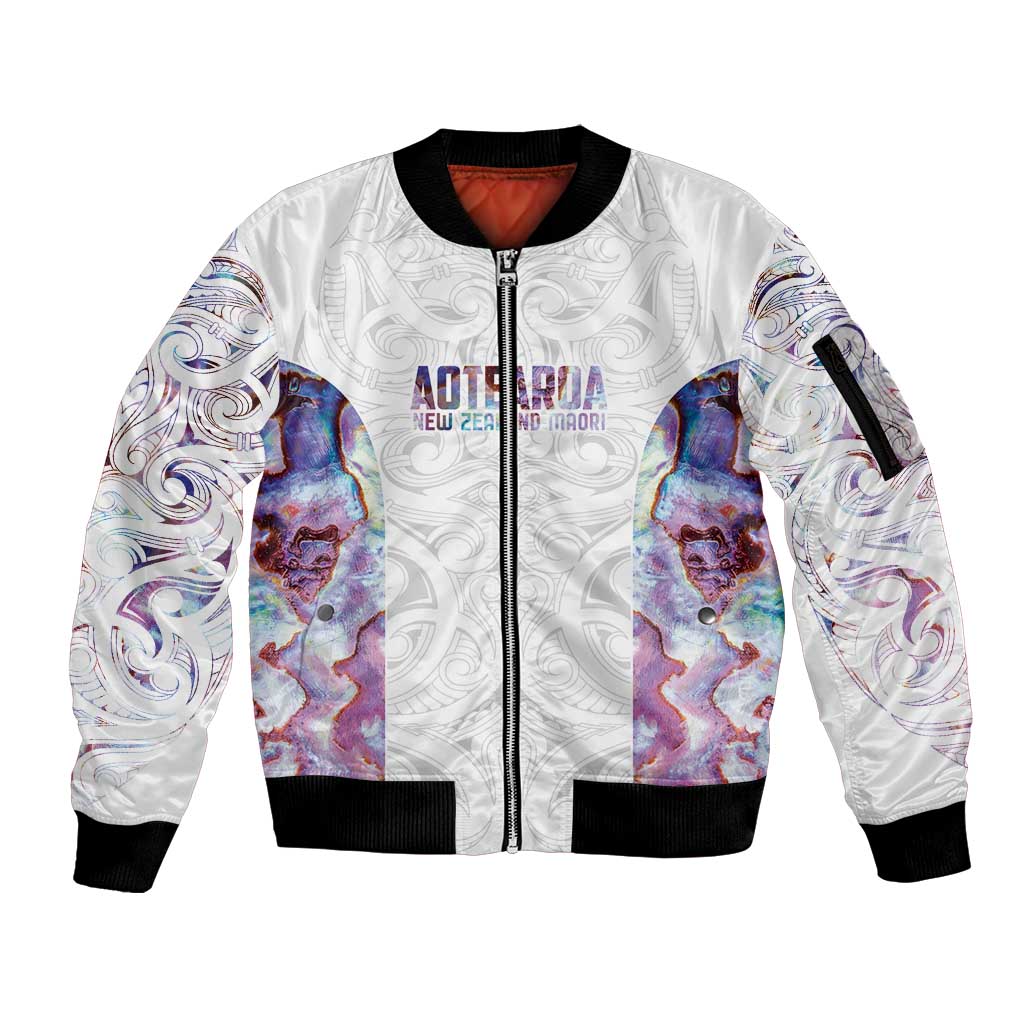 Custom New Zealand Aotearoa Sleeve Zip Bomber Jacket Pink Maori Paua Shell Indigenous - Aussie Hoodie