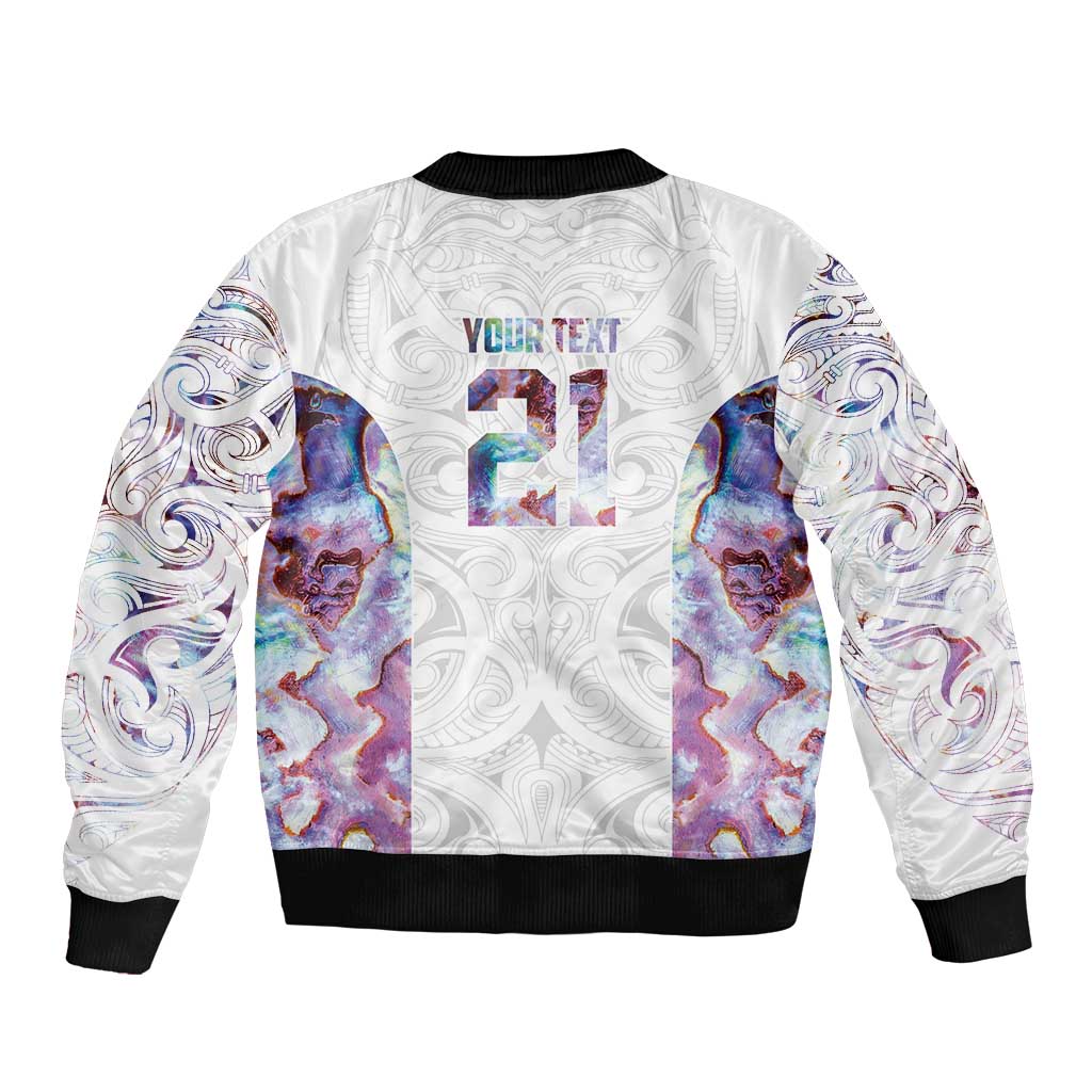 Custom New Zealand Aotearoa Sleeve Zip Bomber Jacket Pink Maori Paua Shell Indigenous - Aussie Hoodie