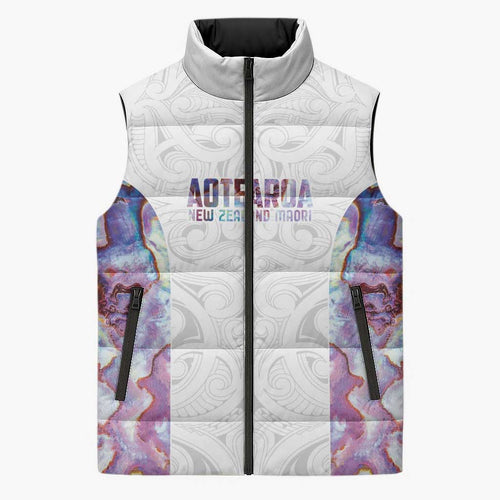 Custom New Zealand Aotearoa Sleeveless Puffer Jacket Pink Maori Paua Shell Indigenous - Aussie Hoodie